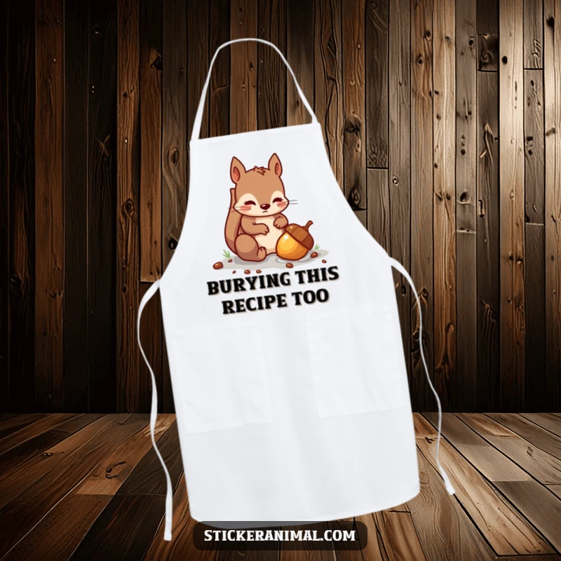 Funny apron with a mischievous squirrel burying a shiny acorn, designed for cooks who enjoy humor in the kitchen.