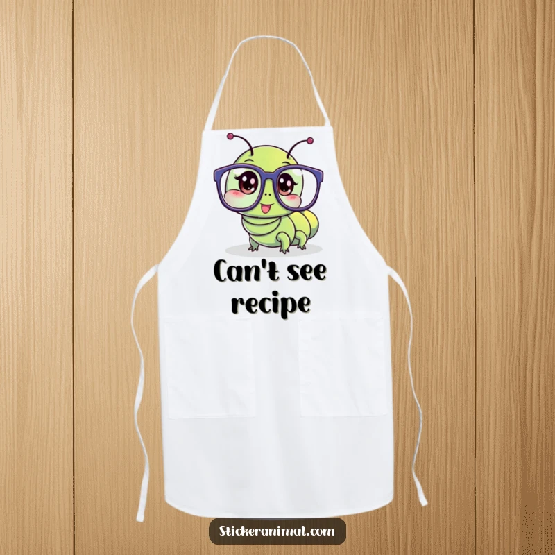 Funny apron depicts a wriggling caterpillar character hilariously wearing oversized glasses, adding kitchen humor.