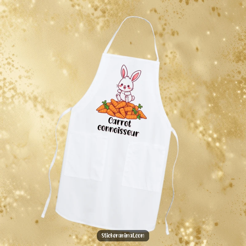 Funny rabbit apron showcasing a playful character hopping over carrots, ready for kitchen fun and playful cooking.