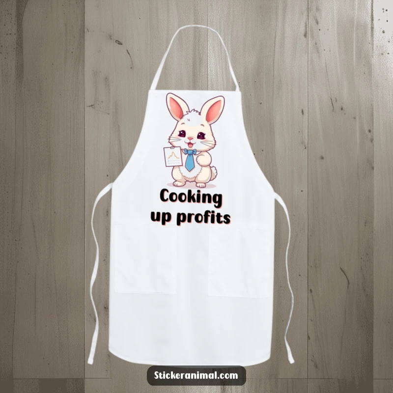 Funny apron showing a fluffy rabbit in a tie, enthusiastically presenting a tiny graph while cooking, ideal for kitchen fun.