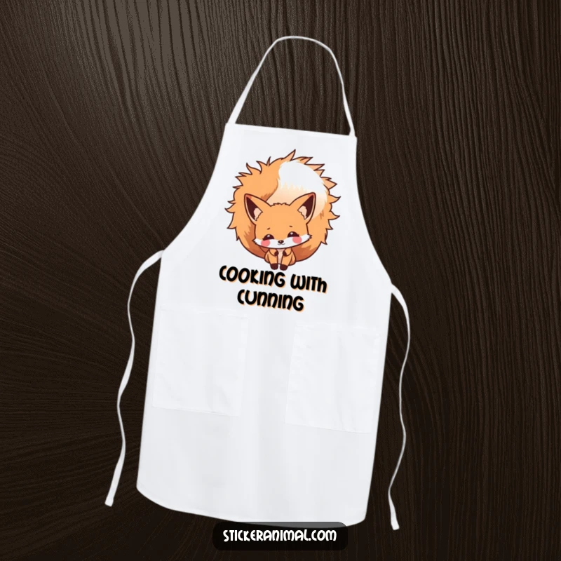Funny Fox Peek Apron showcasing a cheeky fox character peeking from behind its bushy tail, perfect for adding sly humor to kitchen tasks.
