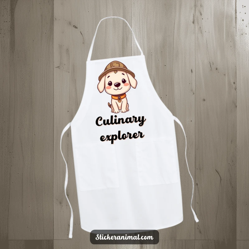 Funny apron with a smiling puppy wearing an explorer hat, looking curiously, perfect for adding humor to kitchen explorations.