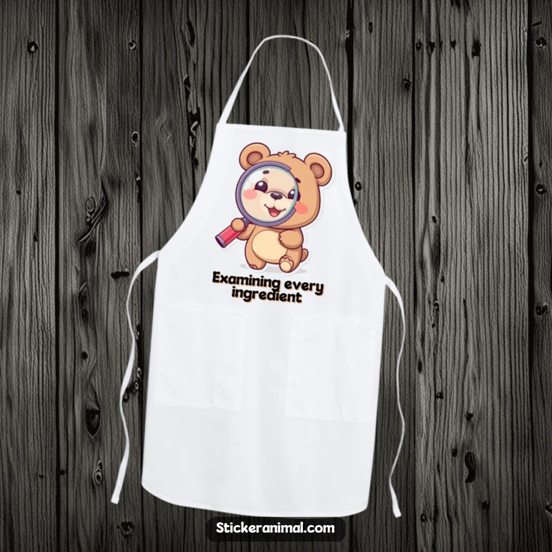 Funny Bear Apron: A bear holds a magnifying glass, adding humorous intrigue to kitchen tasks.