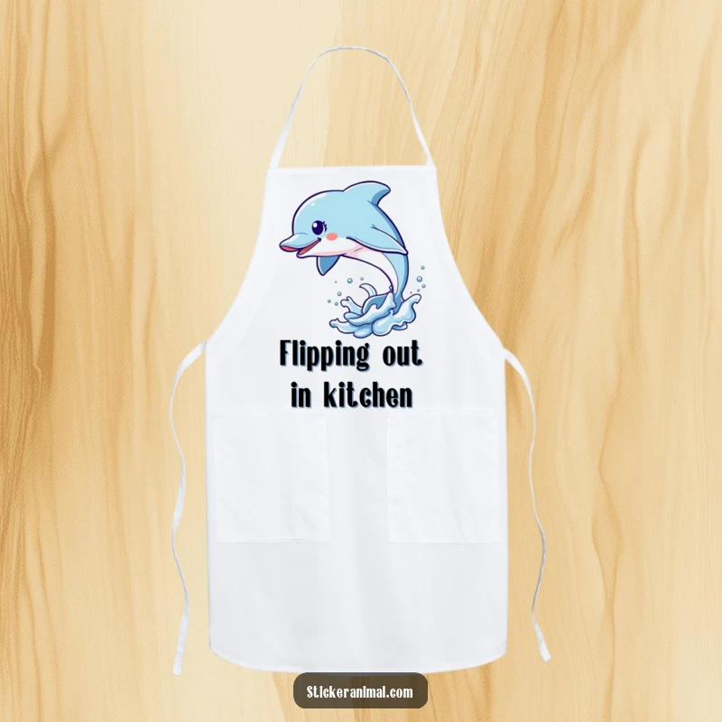 Funny Dolphin Leap Apron showcasing an energetic dolphin character leaping out of the water, perfect for adding humor to kitchen tasks.