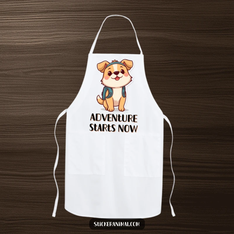 Funny dog wearing a tiny backpack on an apron, ready to embark on a culinary adventure. Perfect for home cooks.