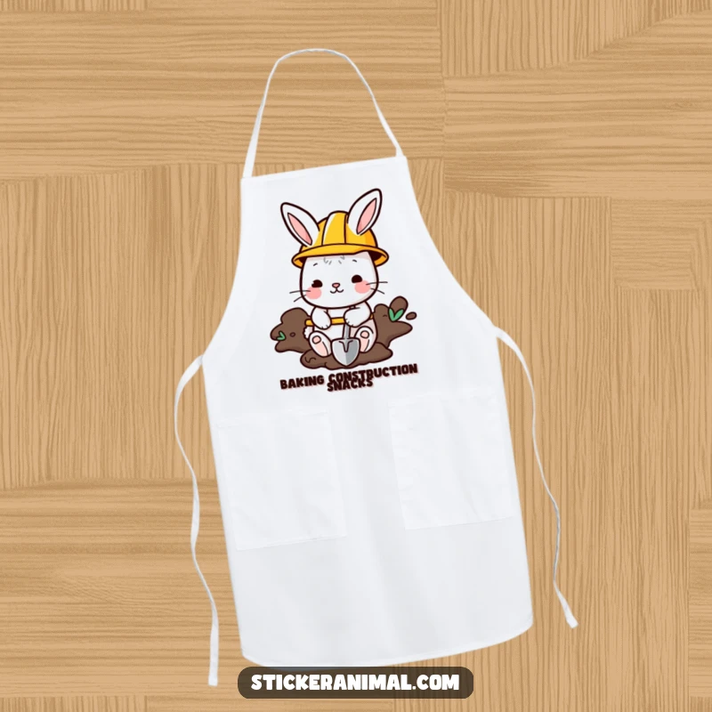 Funny Bunny Apron: A bunny in a construction helmet digs with a shovel, adding humor to kitchen or workshop tasks.