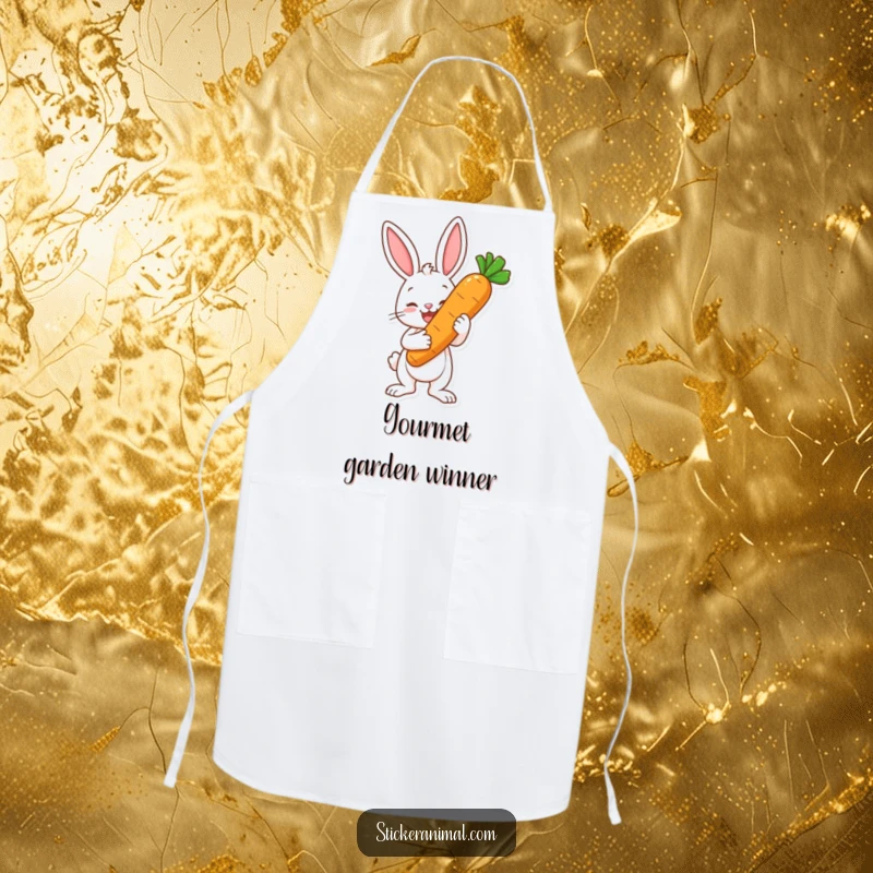 Funny apron with a happy bunny character proudly holding a large carrot like a trophy, adding humor to kitchen creations.