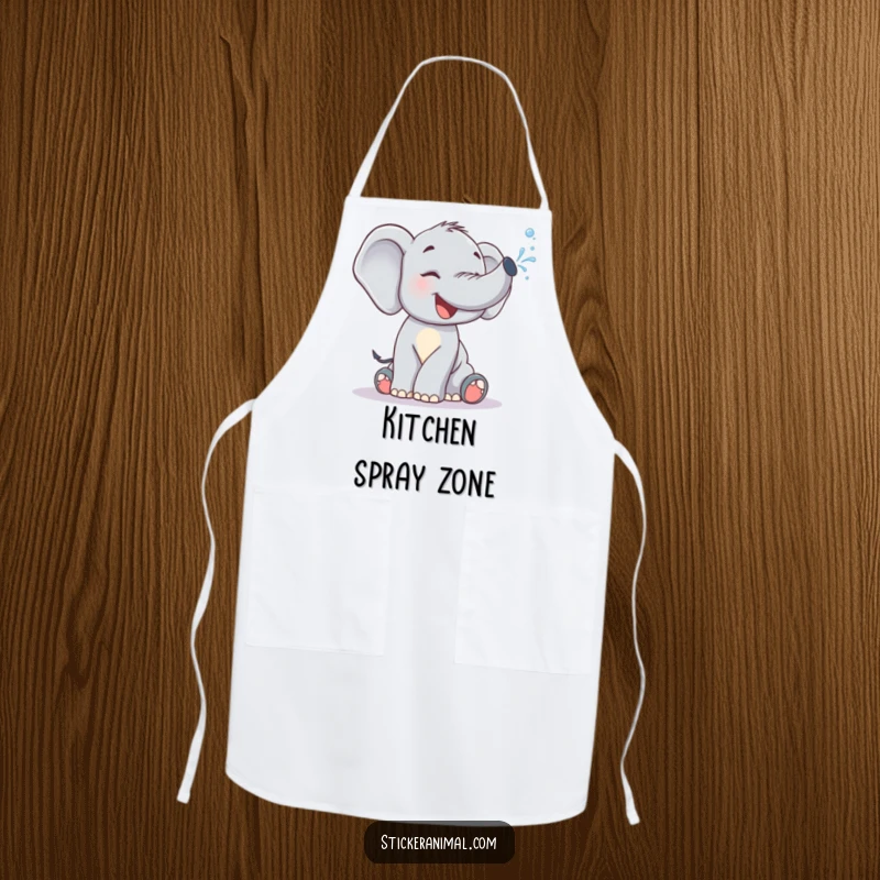 Funny Apron: A giggling elephant calf spraying water from its trunk, ready for kitchen fun and happy cooking.