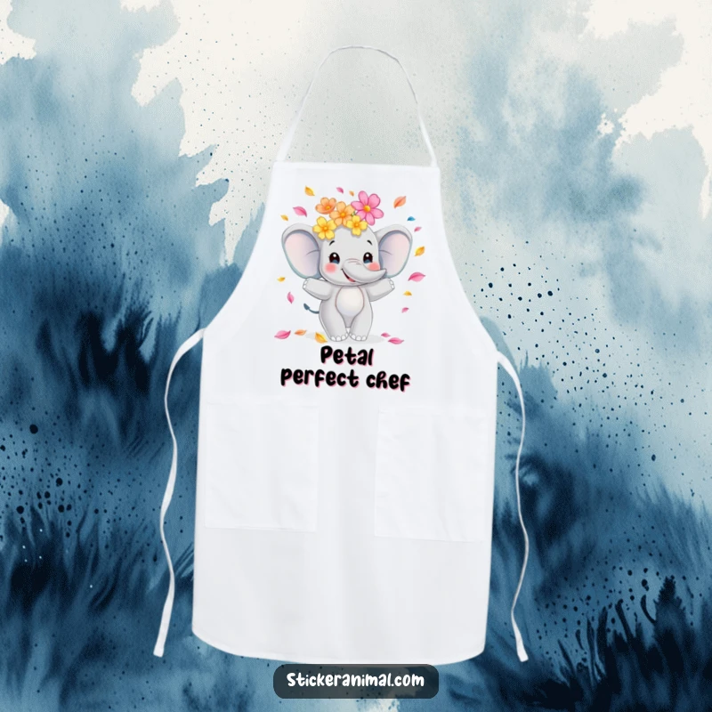 Funny elephant apron with a smiling character juggling flower petals, bringing a cheerful and practical element to your kitchen tasks.