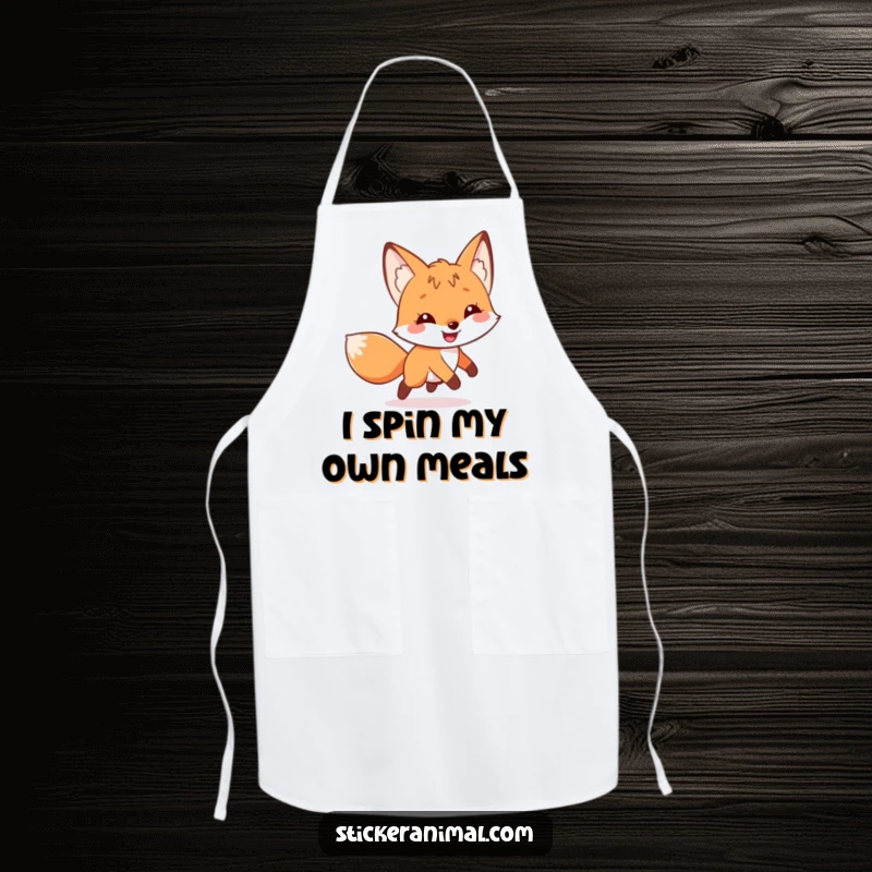 Funny apron depicting a curious fox with a wide grin, humorously chasing its tail, perfect for adding fun to cooking.