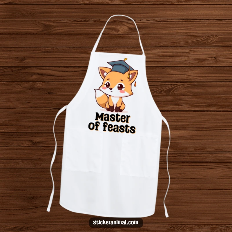 Funny apron with a cute fox character in a graduation cap, tossing it hilariously while celebrating academic success in the kitchen.