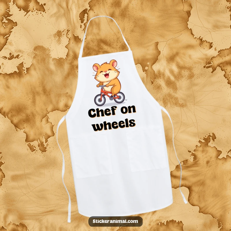 Funny apron depicts a grinning hamster character spinning rapidly on a tiny bicycle, adding kitchen humor.