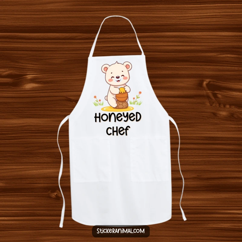 Funny apron featuring a happy bear cub balancing a pot of honey, a humorous kitchen accessory for bear lovers.