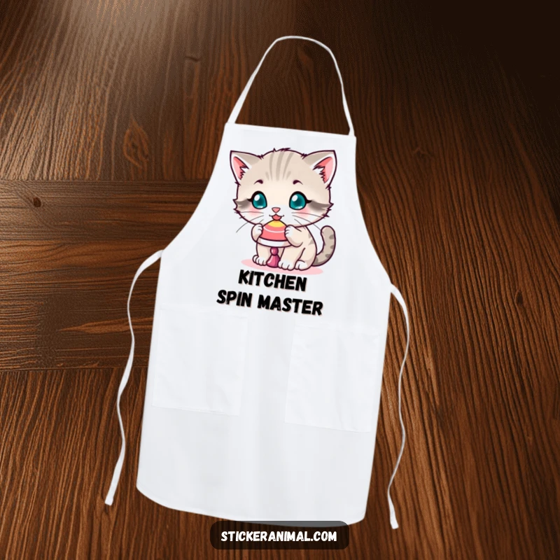 Funny apron showcasing a playful kitten balancing a spinning top on its nose, perfect for kitchen tasks with a focus on fun.