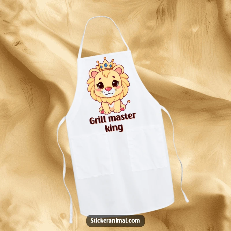 Funny cute lion with a small crown on a kitchen apron, ideal for humorous cooking or baking sessions.