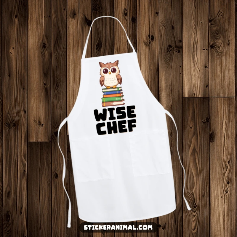 Funny owl apron showcasing a curious character perched on books, ready for insightful kitchen creations.