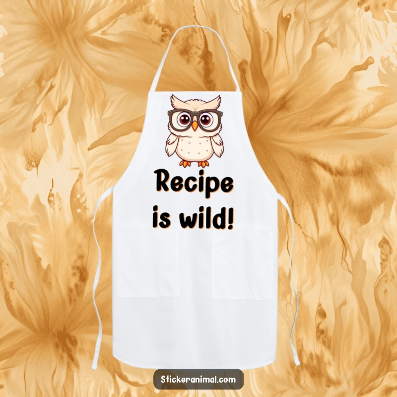 Funny owl with huge spectacles looking surprised on a kitchen apron, ideal for humorous cooking or baking.