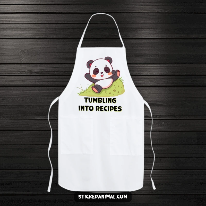 Funny apron with a playful panda bear tumbling down a grassy hill, ideal for a humorous kitchen experience.