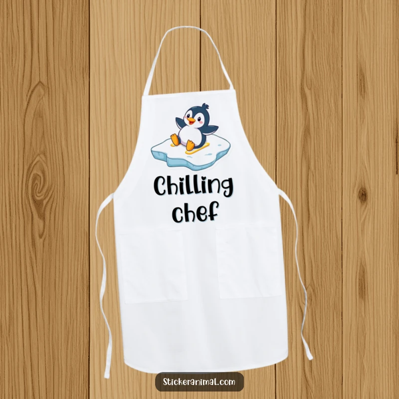 Funny penguin apron featuring a delighted penguin sliding down an icy slope, designed for kitchen fun and protection.