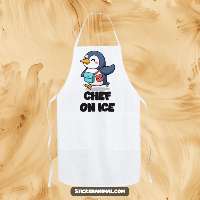 Funny penguin apron featuring a cheerful character with a messenger bag, running with enthusiasm, suitable for kitchen protection and fun.