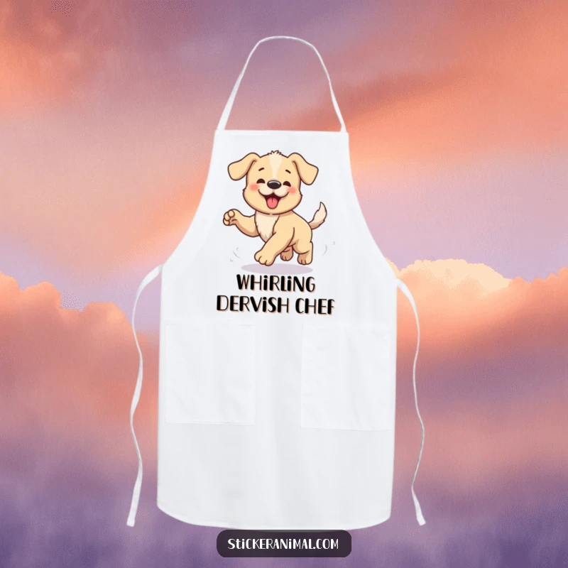 Funny apron featuring a gleeful puppy comically spinning in pursuit of its tail, bringing a humorous touch to kitchen tasks.