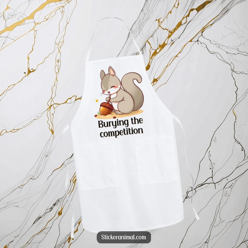 Funny apron with a mischievous squirrel burying an acorn, adding a humorous woodland theme to cooking.