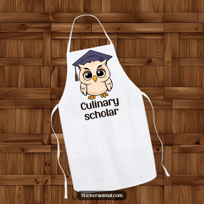 Funny apron featuring an owl with wide, astonished eyes and a graduation cap, a humorous kitchen accessory for grads.