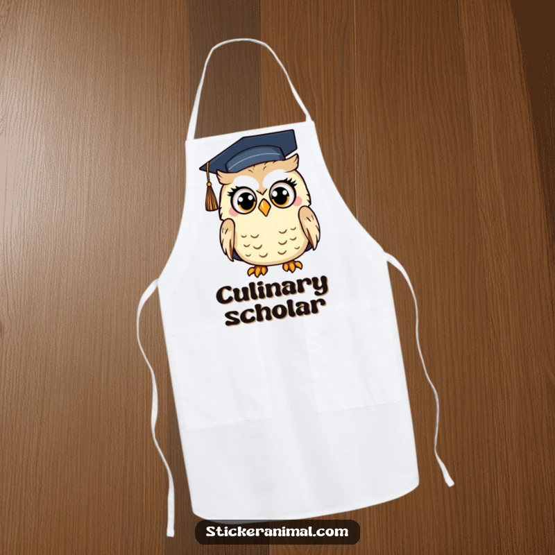Funny Surprised Owl Apron: A kitchen apron showing a surprised owl in a graduation cap, perfect for cooking with academic humor.