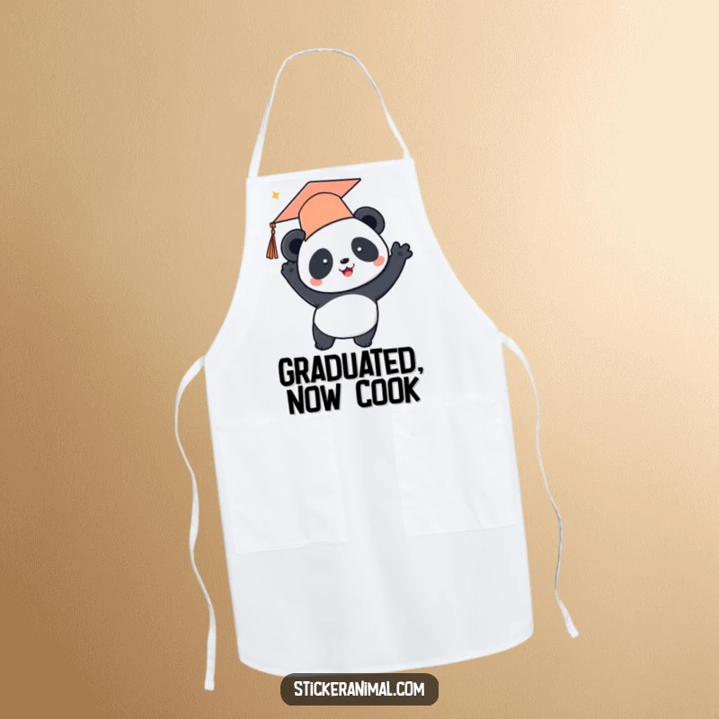 Funny apron showing a cute panda in a graduation cap tossing it skyward while celebrating academic milestones, suitable for kitchen fun.