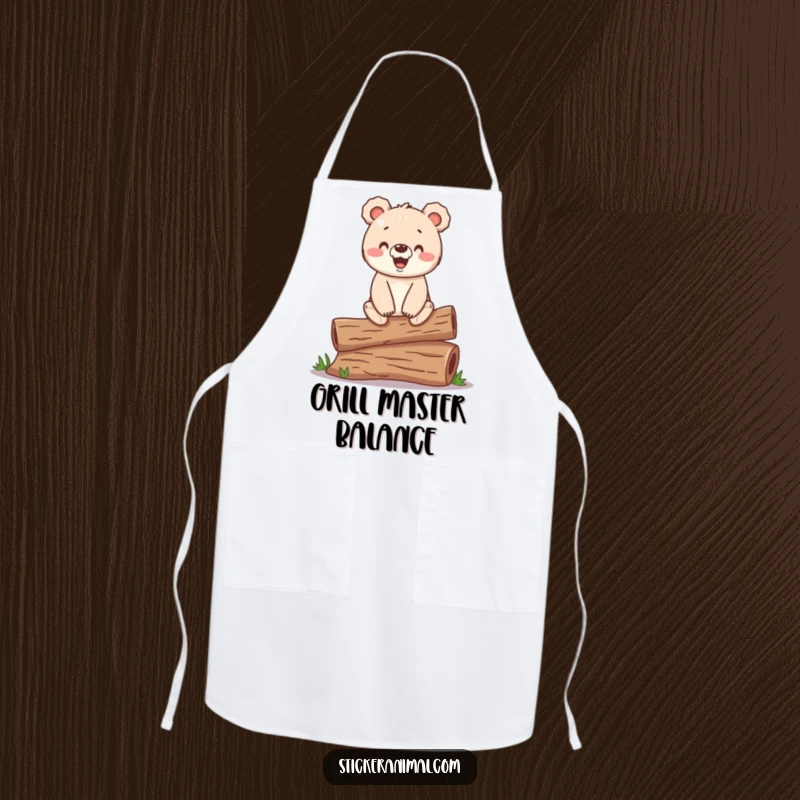 Funny apron featuring a happy bear cub balancing on a log, designed for kitchen fun and woodland humor.