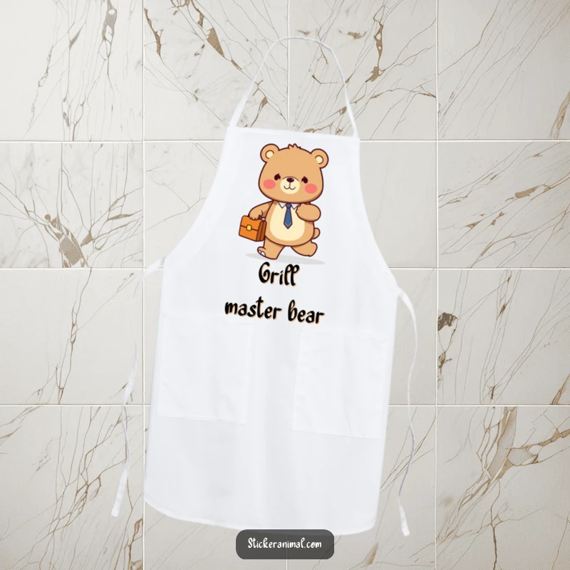 Funny apron showing a smiling bear holding a briefcase, confidently walking forward, perfect for kitchen duties.