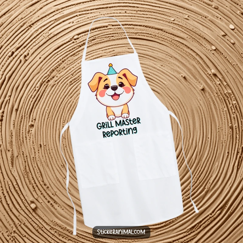 Funny happy dog wearing a party hat on an apron, ready for kitchen celebrations and a funny gift.