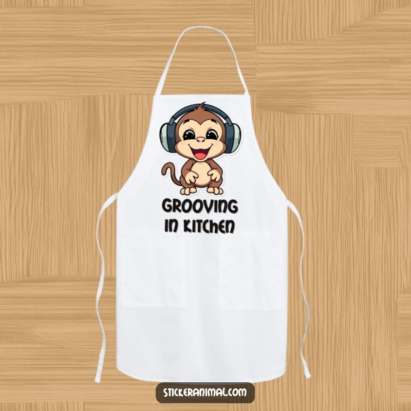 Funny apron showcasing a playful monkey character wearing large headphones, bopping its head to music.