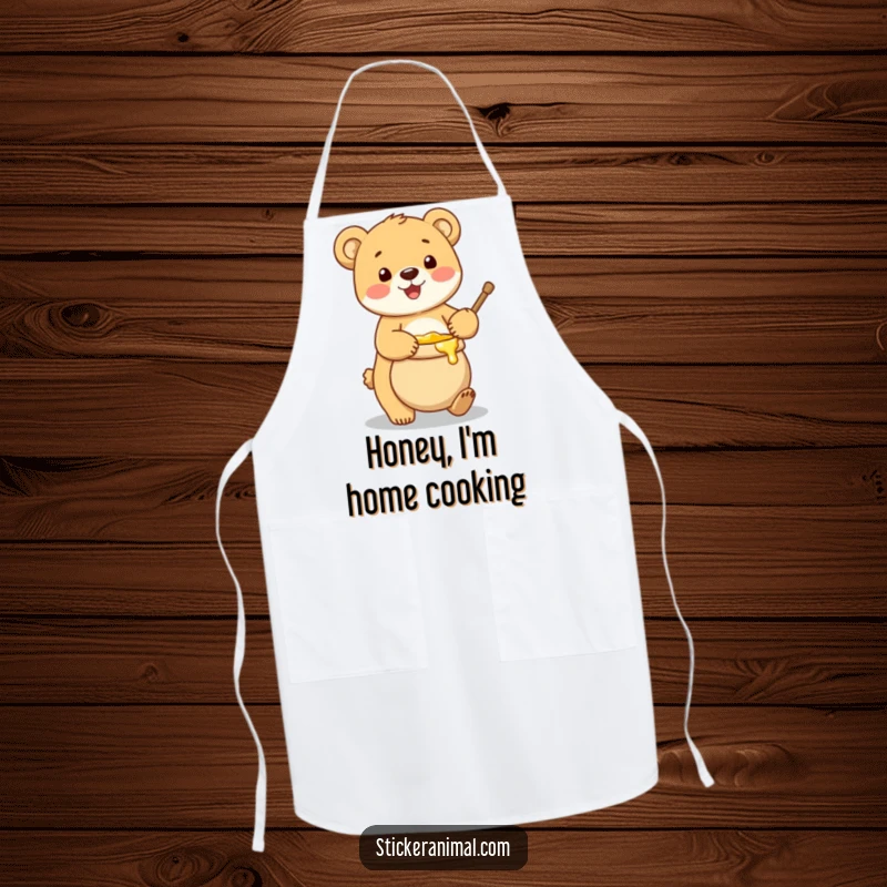 Funny apron with a cute bear cub balancing a pot of honey, adding a sweet and humorous element to cooking.