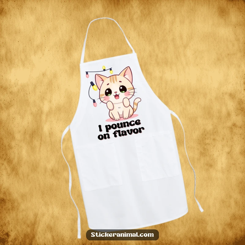 Funny surprised cat playing with string lights on an apron, ready for kitchen fun and a funny gift.