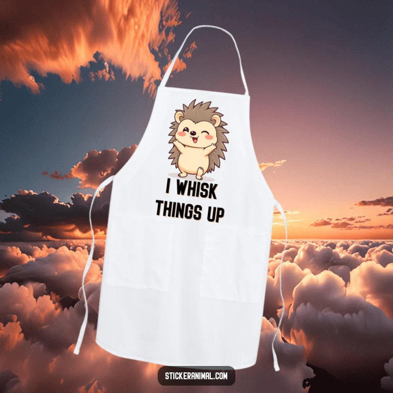 Funny hedgehog character in a headstand on an apron, a cheerful cooking companion for a funny gift.