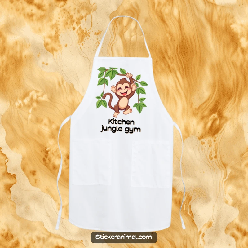 Funny apron featuring a joyful monkey swinging from a jungle vine, its mouth open in a hearty, infectious giggle.
