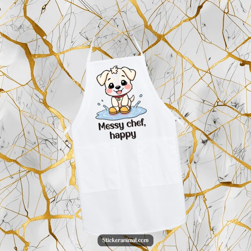 Funny apron depicting a happy puppy in tiny boots splashing in puddles, perfect for kitchen fun and celebrating joy.