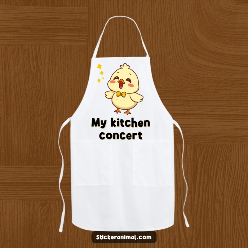 Funny chick with a yellow bow on an apron, singing loudly. Perfect for home chefs and foodies.