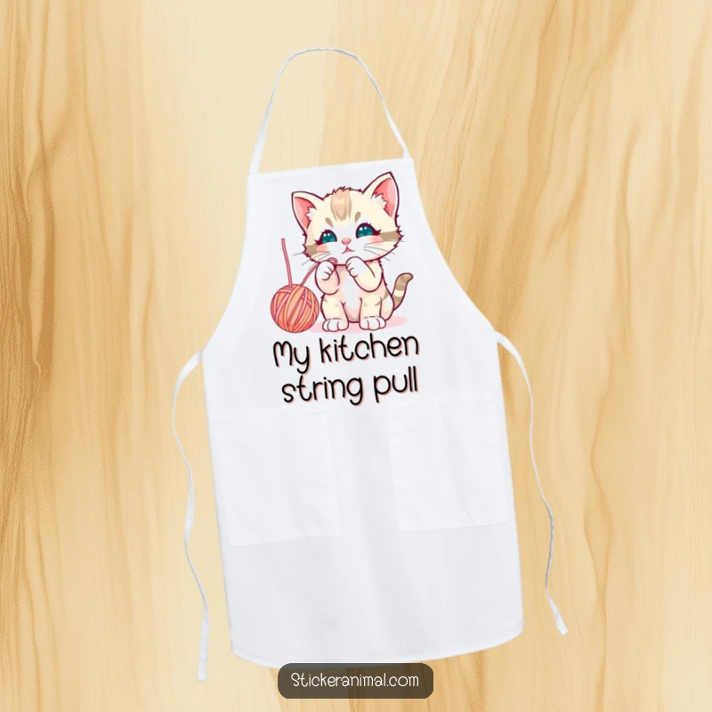 Funny curious kitten batting playfully at a dangling yarn ball, designed on a durable and cheerful kitchen apron.