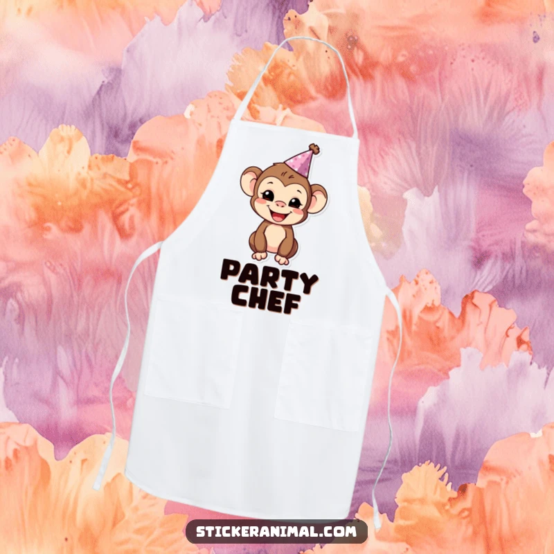 Funny monkey wearing a party hat and an apron, cheerfully preparing food for a party.