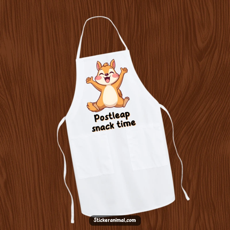 Funny apron illustrating a cheerful squirrel character performing a celebratory jump, ideal for adding humor to cooking and baking.
