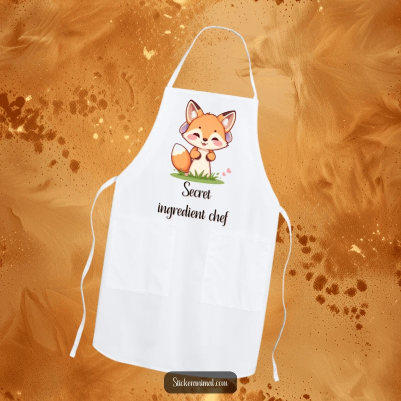 Funny apron featuring a cheerful fox cub peeking from behind a mushroom, designed for kitchen fun and woodland humor.