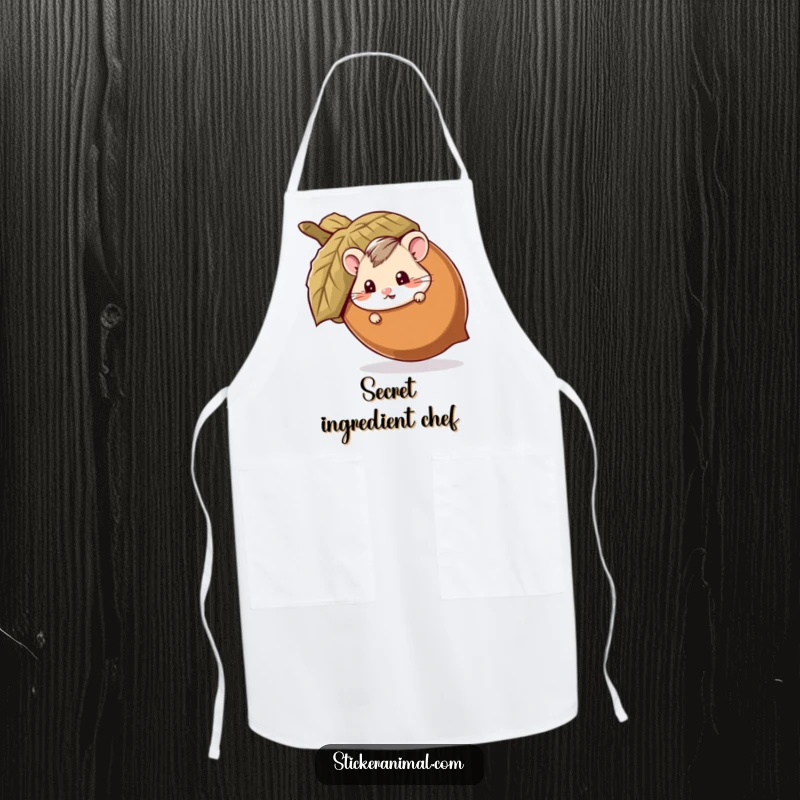 Funny apron with a mischievous hamster peeking out from behind a giant acorn, adding humor to kitchen tasks and culinary adventures.