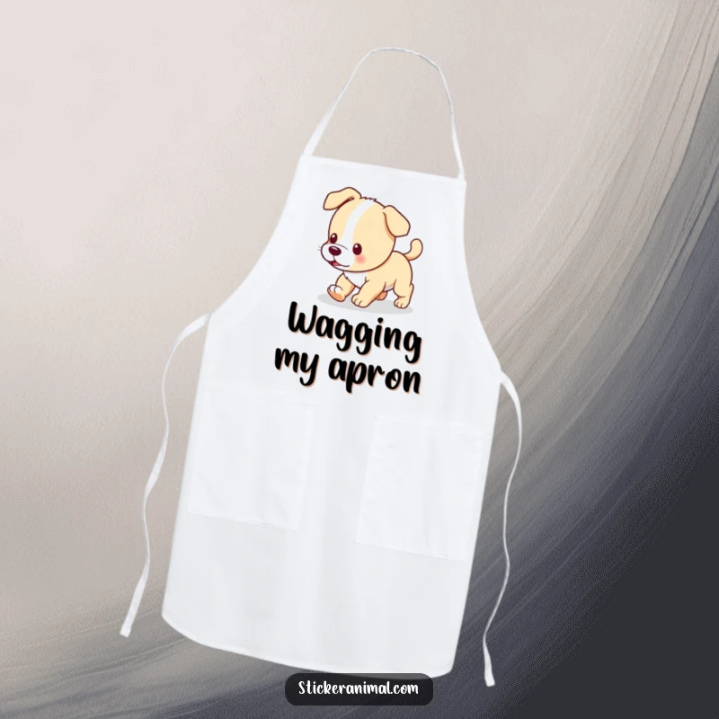 Funny apron featuring a curious puppy chasing its tail, designed for kitchen fun and humorous protection.