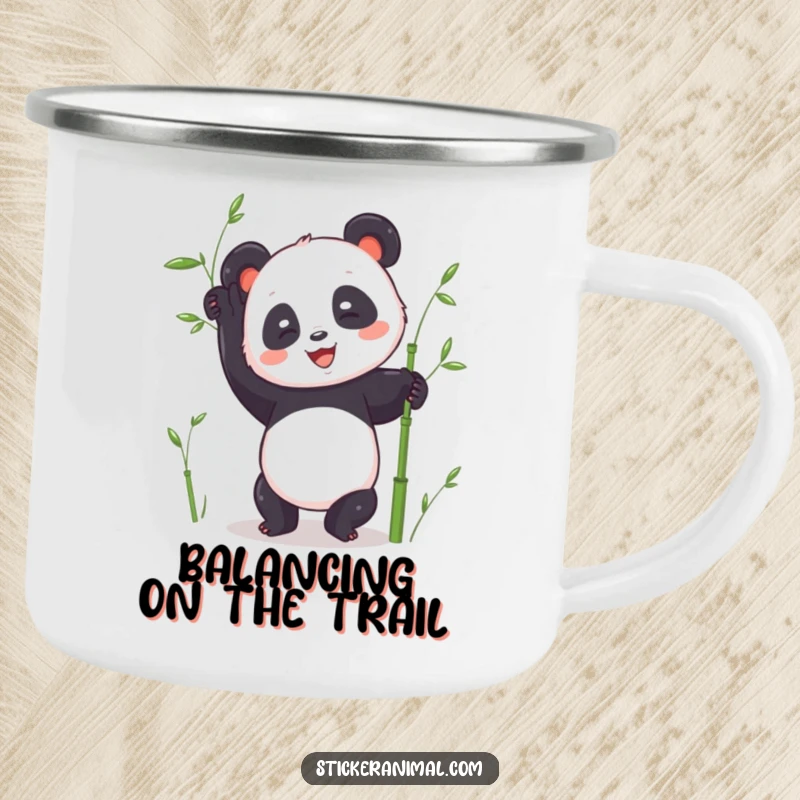 Funny panda handstand camping mug showing a joyful panda character attempting a handstand with bamboo, perfect for outdoor relaxation.