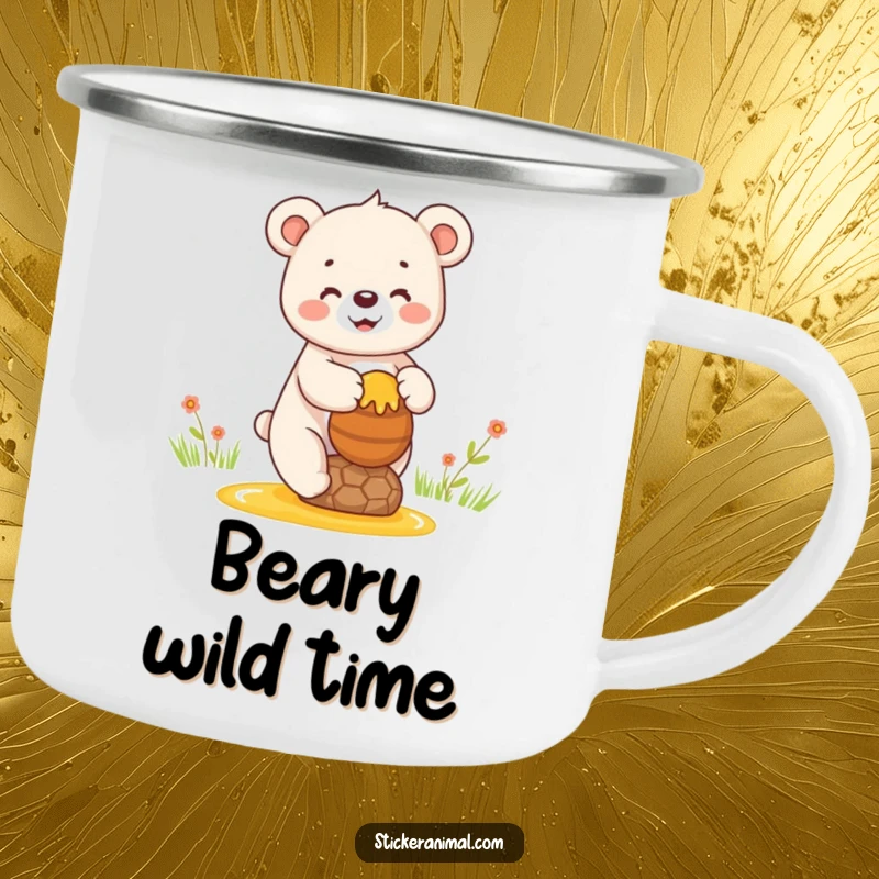 Funny camping mug depicting a happy bear cub balancing a pot of honey, ideal for outdoor sweetness and enjoyment.