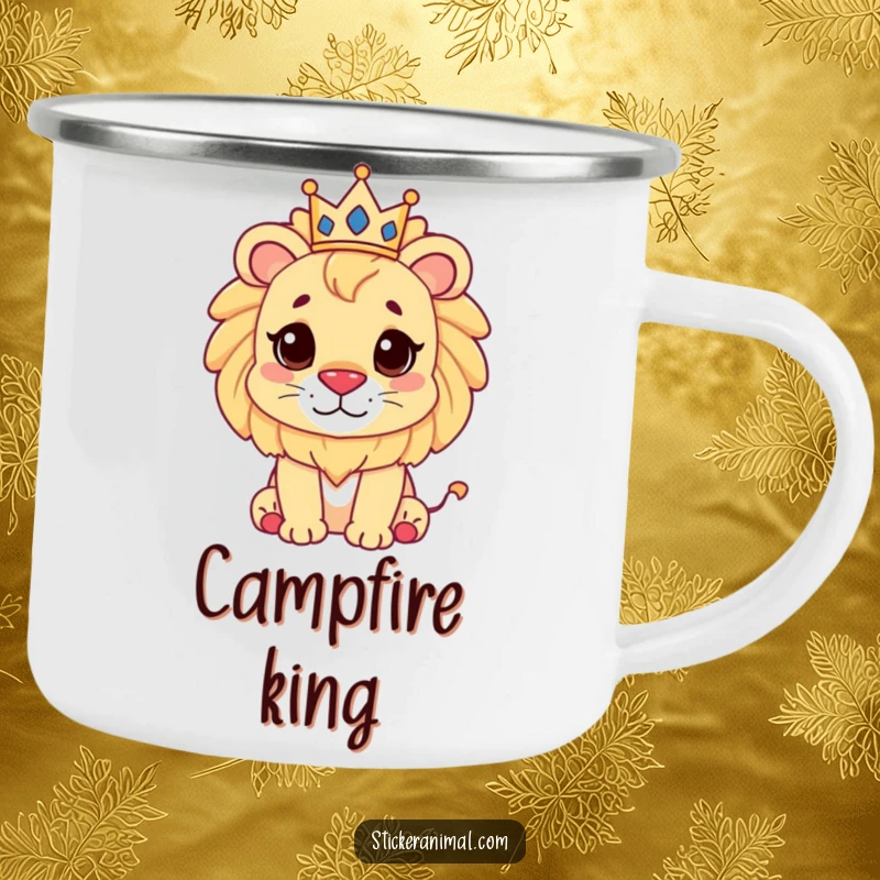 Funny cute lion wearing a small crown on a durable camping mug, perfect for enjoying brews outdoors.
