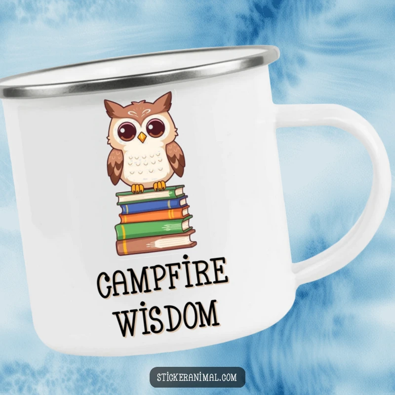 Funny camping mug with a curious owl character perched on books, bringing wisdom and cheer to outdoor sips.