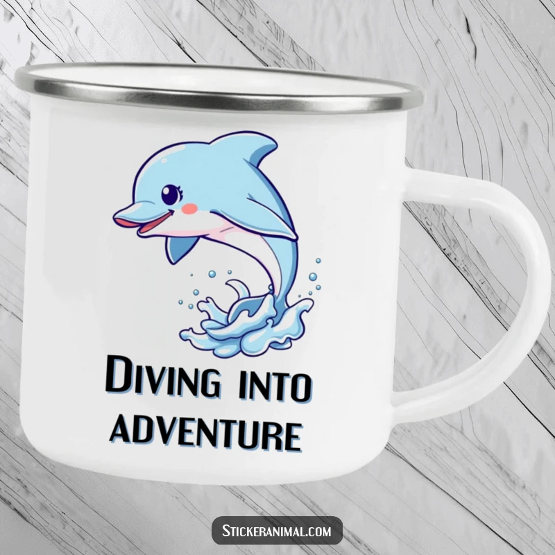 Funny Dolphin Leap Camping Mug with an energetic dolphin character leaping out of the water, perfect for durable, humorous outdoor enjoyment.